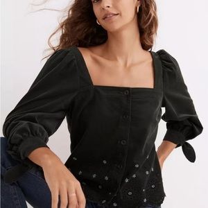 NWT Madewell green corduroy tie sleeve top women’s size S, square neckline